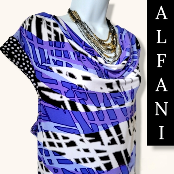 Scoop Drape Neck ALFANI Dress Womens XL Cap Sleeves Stretch Blue Black Purple - Picture 4 of 13